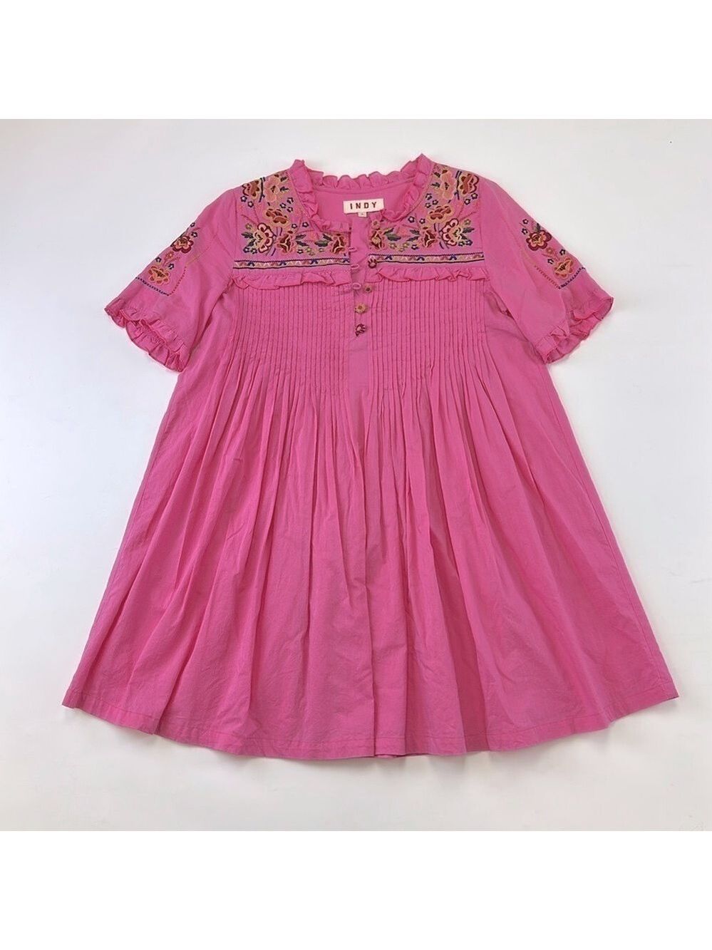 Indy pink embroidered cotton bohemian short sleeve dress Large